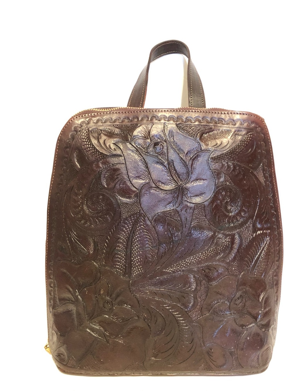 Embossed Floral Leather Backpack - dark Burgundy